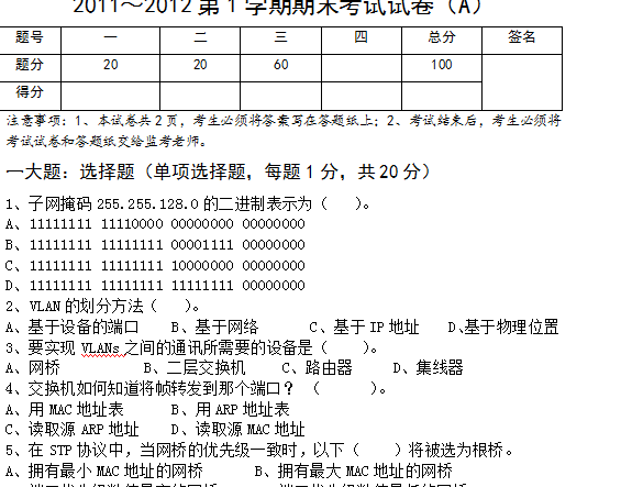 计算机网络管理试题A及答案 计算机网络管理试题A及答案